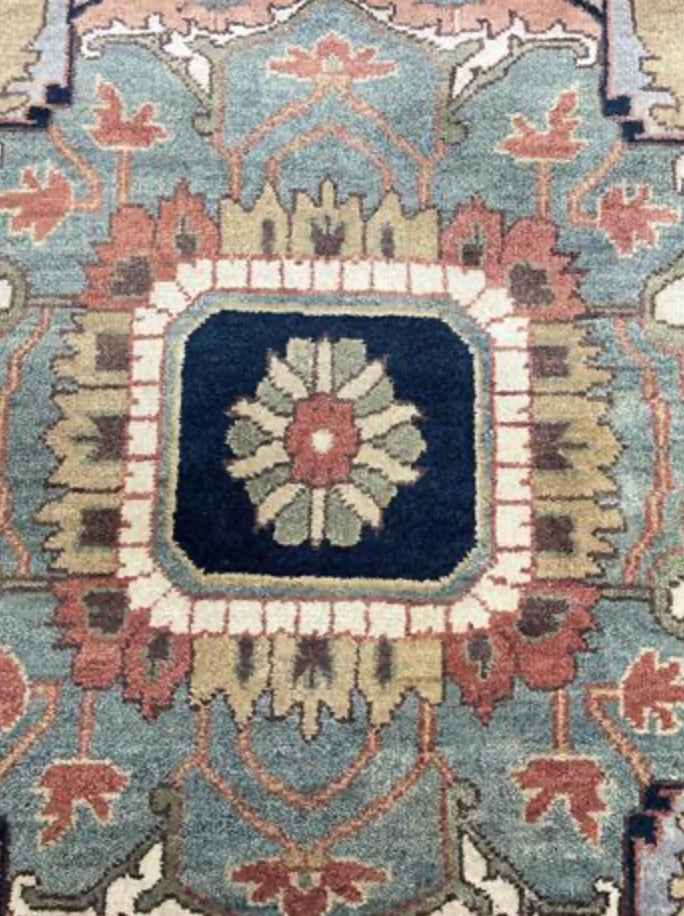 Heriz Classic Rug - 11' 11" x 15' 00" - Blue Peach Beige - Hand Knotted Wool Traditional Heriz Rug