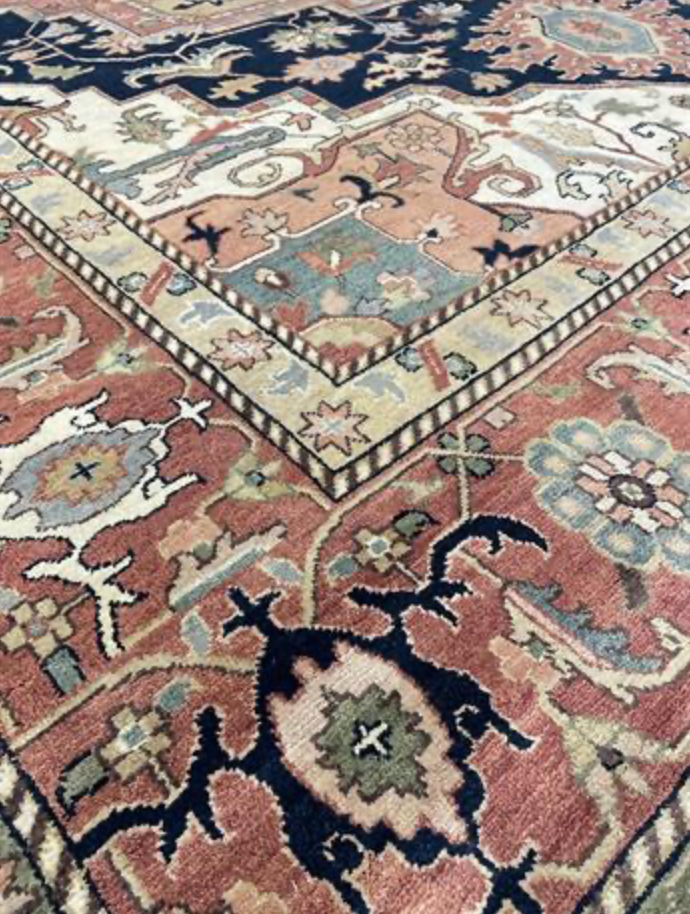 Heriz Classic Rug - 11' 11" x 15' 00" - Blue Peach Beige - Hand Knotted Wool Traditional Heriz Rug