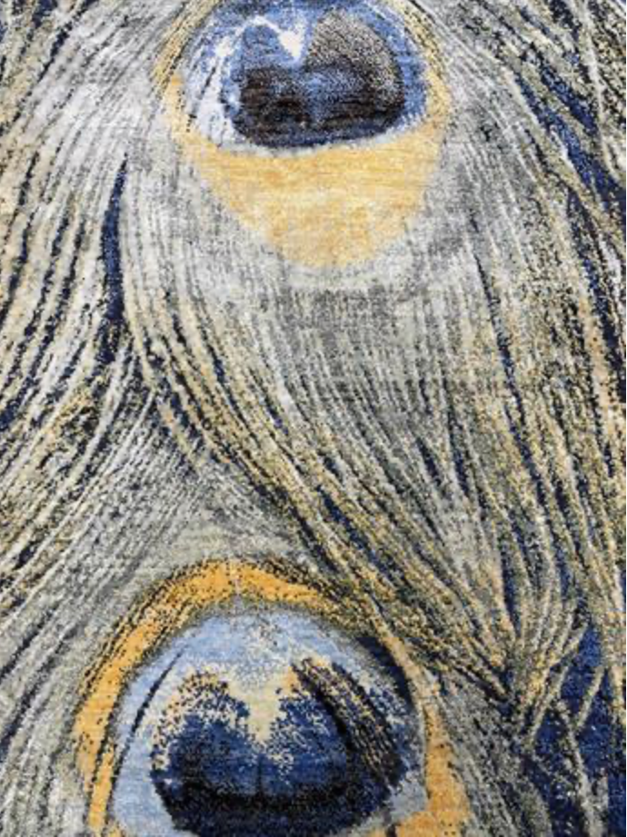 Impression Collection Wool & Silk Rug - 8' 00" x 10' 02" - Gold & Blue Peacock Feathers - Hand Knotted Wool & Silk Modern Contemporary Rug