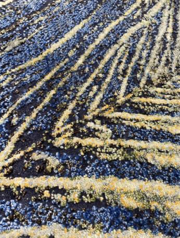 Impression Collection Wool & Silk Rug - 8' 00" x 10' 02" - Gold & Blue Peacock Feathers - Hand Knotted Wool & Silk Modern Contemporary Rug