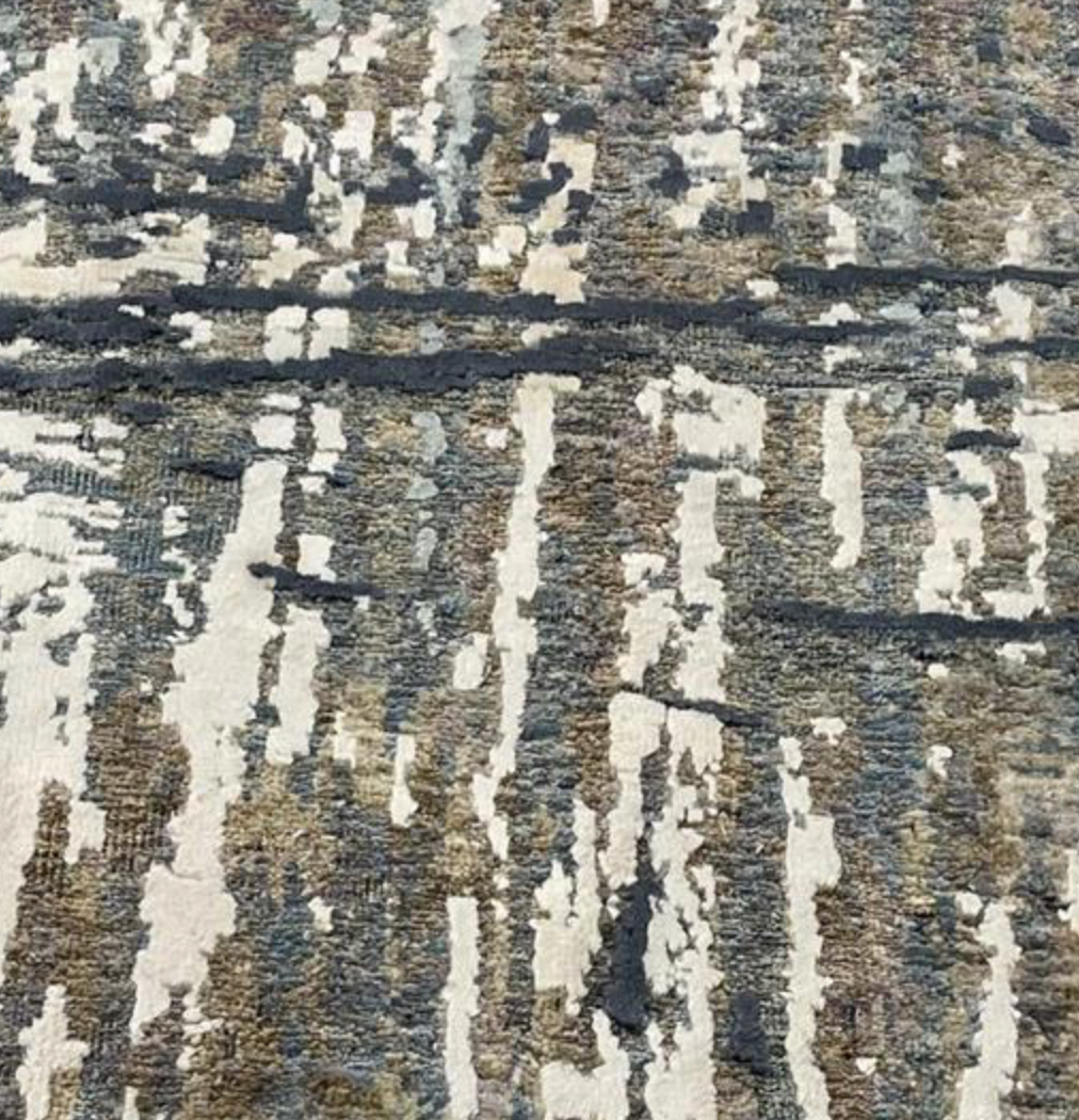 Indigo Collection Wool & Silk Rug - 8' 09" x 12' 03" - Brown Blue Grey Ivory - Hand Knotted Wool & Silk Modern Contemporary Rug