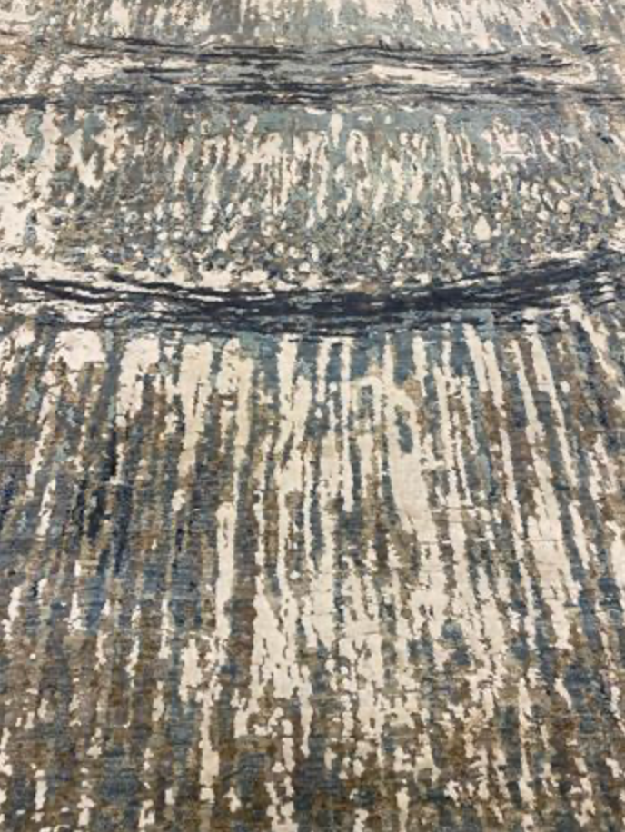 Indigo Collection Wool & Silk Rug - 8' 09" x 12' 03" - Brown Blue Grey Ivory - Hand Knotted Wool & Silk Modern Contemporary Rug