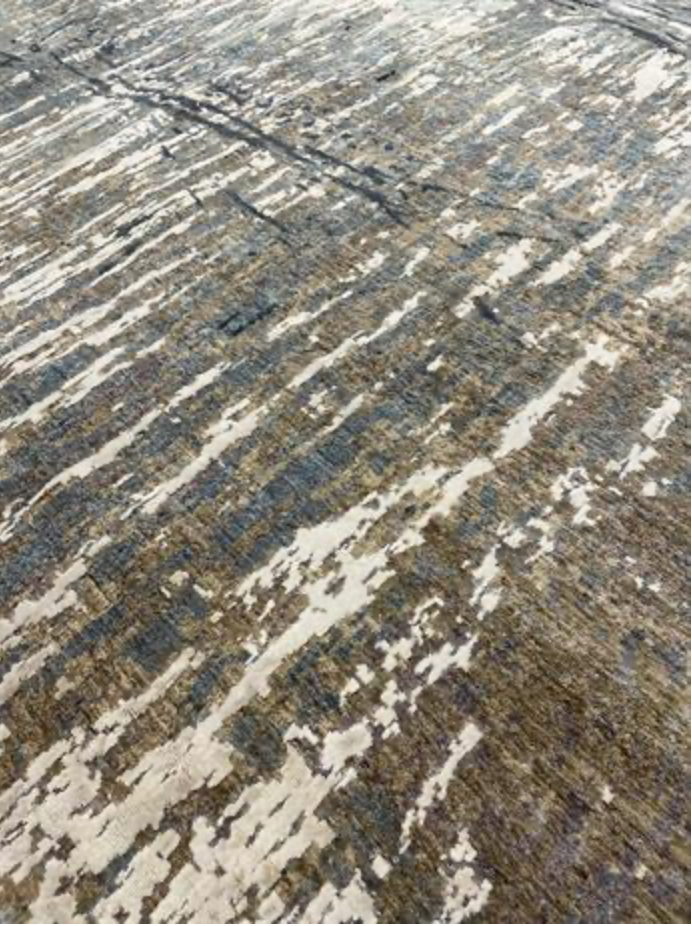 Indigo Collection Wool & Silk Rug - 8' 09" x 12' 03" - Brown Blue Grey Ivory - Hand Knotted Wool & Silk Modern Contemporary Rug