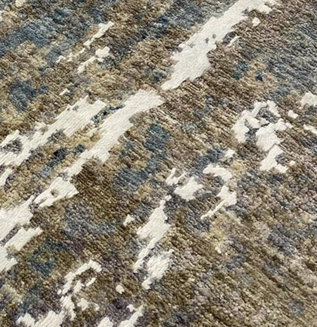 Indigo Collection Wool & Silk Rug - 8' 09" x 12' 03" - Brown Blue Grey Ivory - Hand Knotted Wool & Silk Modern Contemporary Rug