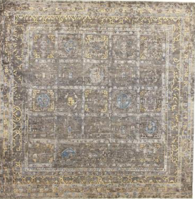 Indigo Collection Wool & Silk Rug - 9' 09" x 9' 10" Square - Grey Blue Gold - Hand Knotted Wool & Silk Modern Contemporary Rug