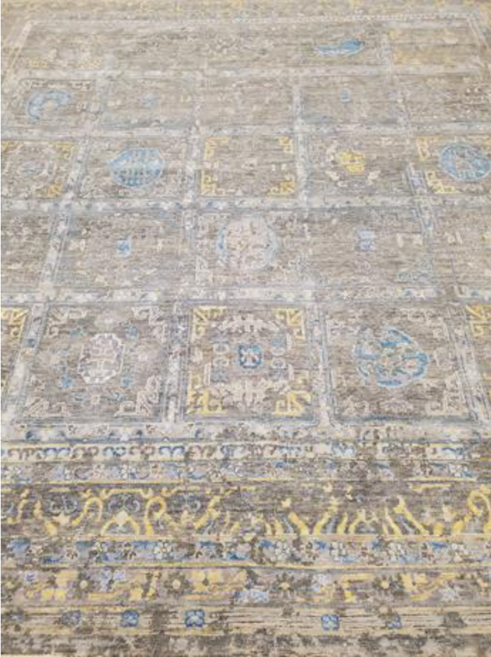 Indigo Collection Wool & Silk Rug - 9' 09" x 9' 10" Square - Grey Blue Gold - Hand Knotted Wool & Silk Modern Contemporary Rug