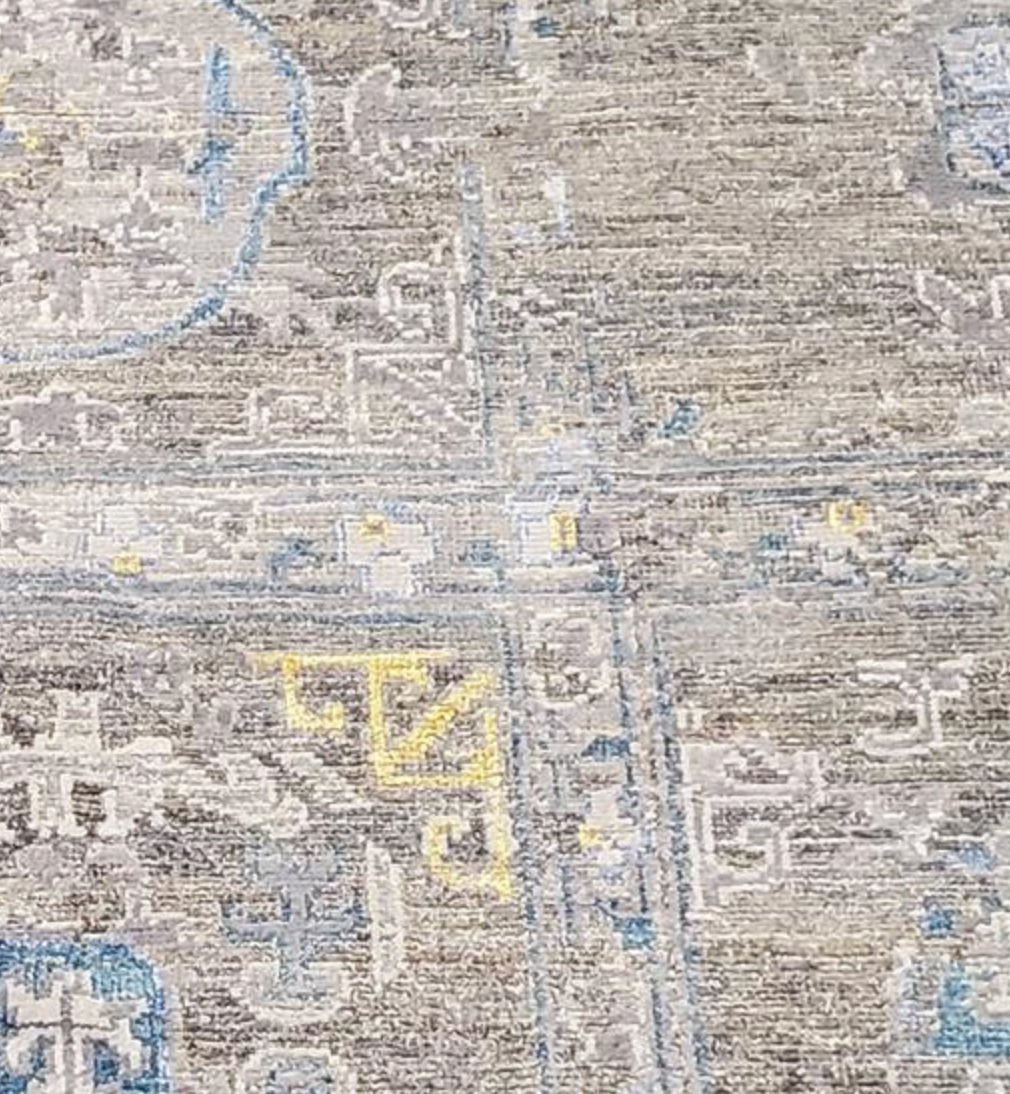 Indigo Collection Wool & Silk Rug - 9' 09" x 9' 10" Square - Grey Blue Gold - Hand Knotted Wool & Silk Modern Contemporary Rug