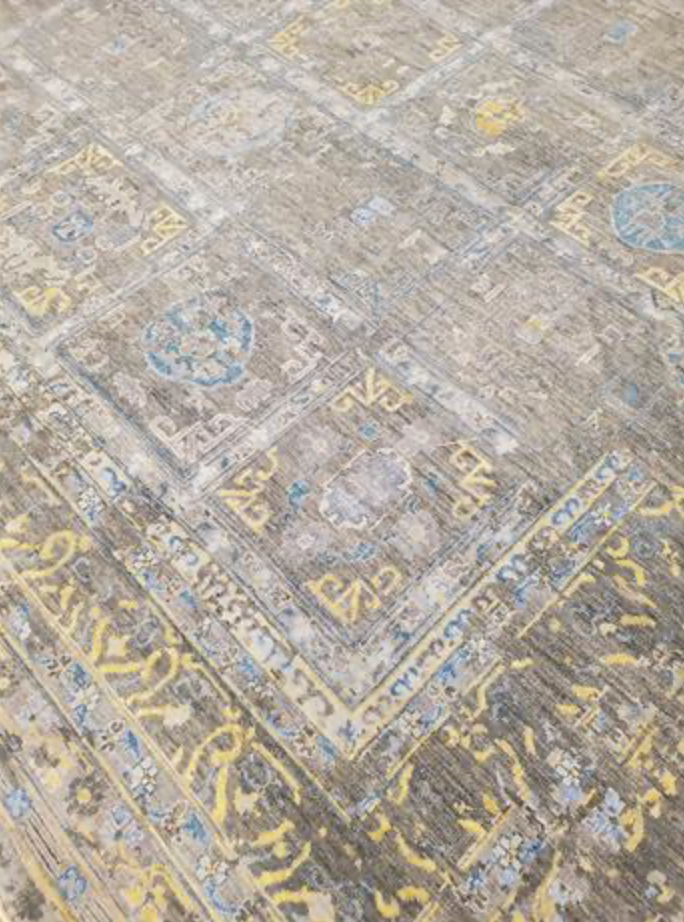 Indigo Collection Wool & Silk Rug - 9' 09" x 9' 10" Square - Grey Blue Gold - Hand Knotted Wool & Silk Modern Contemporary Rug