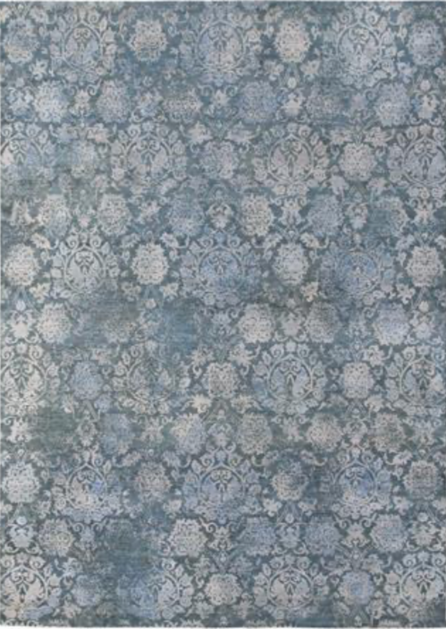 Indigo Collection Wool & Silk Rug - 9' 11" x 14' 00" - Blue Beige - Hand Knotted Wool & Silk Floral Modern Contemporary Rug