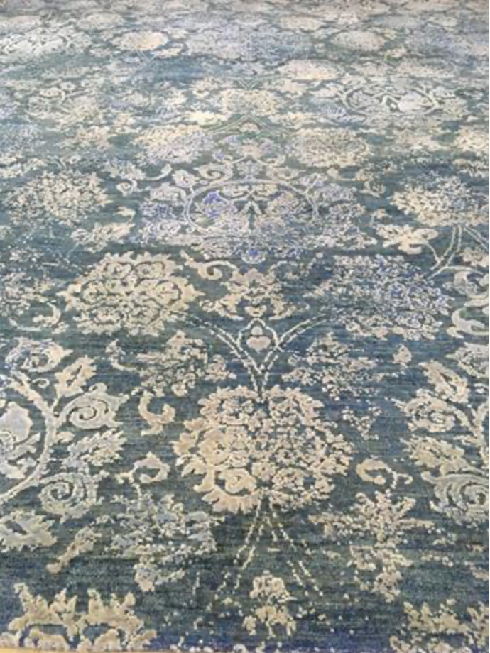 Indigo Collection Wool & Silk Rug - 9' 11" x 14' 00" - Blue Beige - Hand Knotted Wool & Silk Floral Modern Contemporary Rug