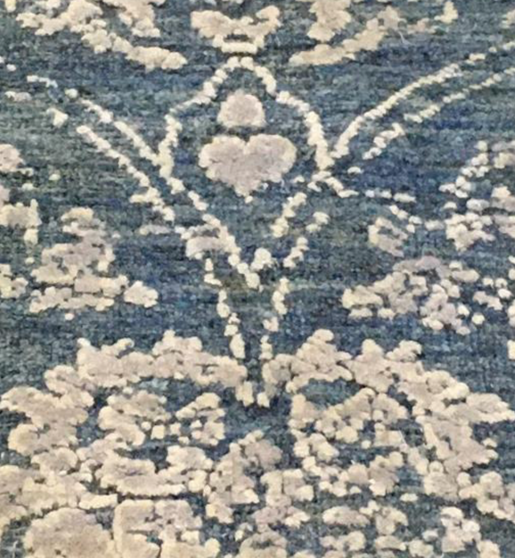 Indigo Collection Wool & Silk Rug - 9' 11" x 14' 00" - Blue Beige - Hand Knotted Wool & Silk Floral Modern Contemporary Rug
