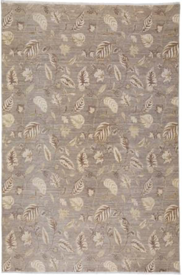 Indigo Collection Leaves Rug - 8' 00" x 9' 10" - Grey Beige Brown - Hand Knotted Wool Modern Contemporary Boho Rug
