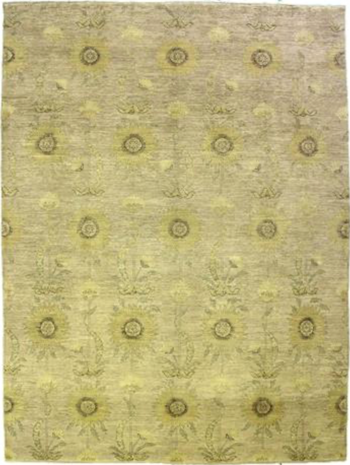Indigo Collection Floral Rug - 8' 11" x 11' 10" - Light Grey Yellow Light Green - Hand Knotted Wool Modern Contemporary Floral Rug