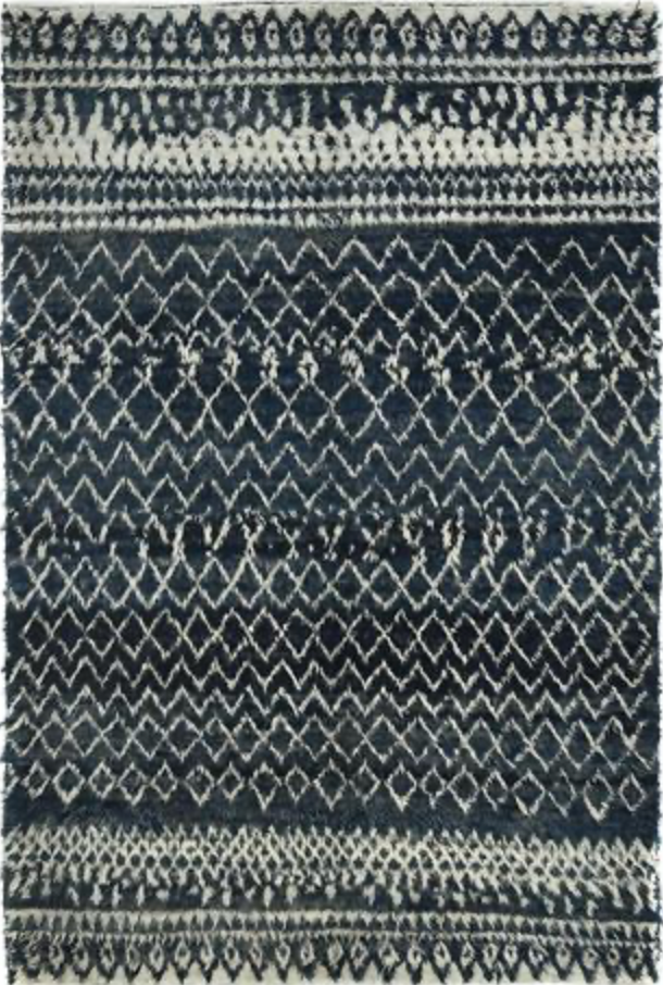 Moroccan Wool Shag Rug - 6' 02" x 9' 03" - Dark Blue & White - Hand Knotted Wool Tribal Boho Rustic Shag Rug