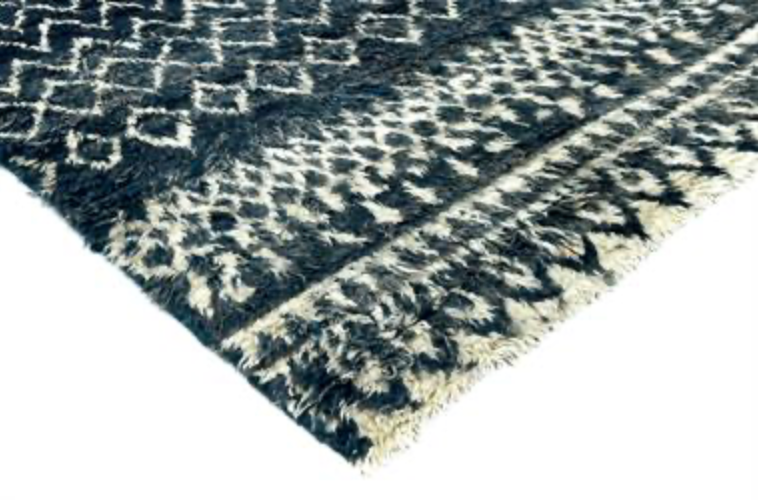 Moroccan Wool Shag Rug - 6' 02" x 9' 03" - Dark Blue & White - Hand Knotted Wool Tribal Boho Rustic Shag Rug