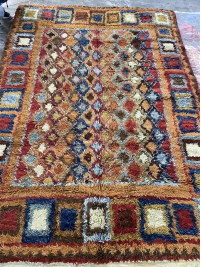 Moroccan Wool Shag Rug - 6' 07" x 9' 02" - Camel Blue Multicolor - Hand Knotted Wool Tribal Boho Rustic Shag Rug