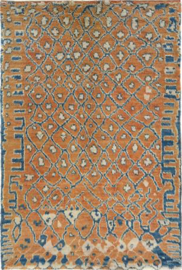 Moroccan Wool Shag Rug - 6' 04" x 9' 09" - Rust Blue Ivory - Hand Knotted Wool Tribal Boho Rustic Shag Rug