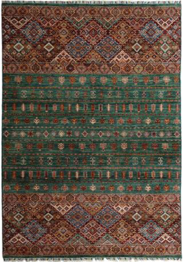 Nomad Collection - Khurjeen Design - 5' 09" x 8' 02" - Green Multicolor - Hand Knotted Wool Rustic Tribal Boho Rug