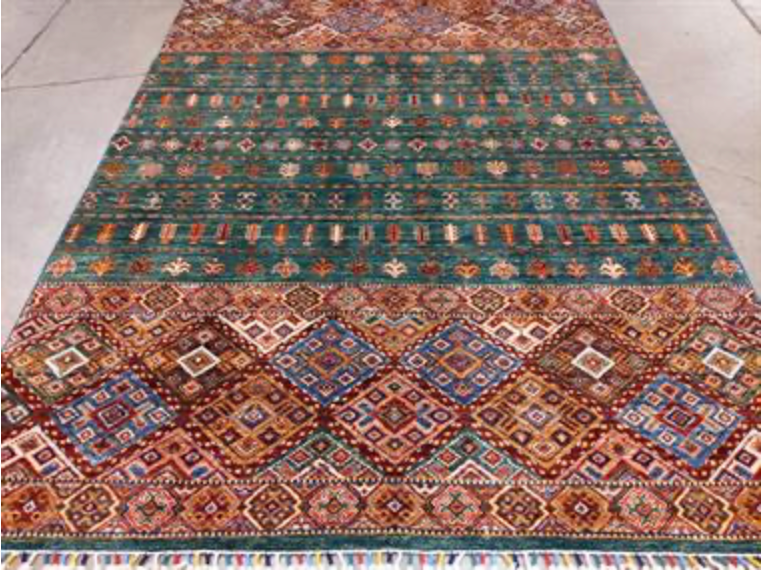 Nomad Collection - Khurjeen Design - 5' 09" x 8' 02" - Green Multicolor - Hand Knotted Wool Rustic Tribal Boho Rug