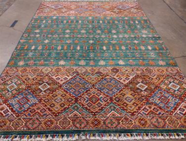 Nomad Collection - Khurjeen Design - 5' 09" x 8' 02" - Green Multicolor - Hand Knotted Wool Rustic Tribal Boho Rug