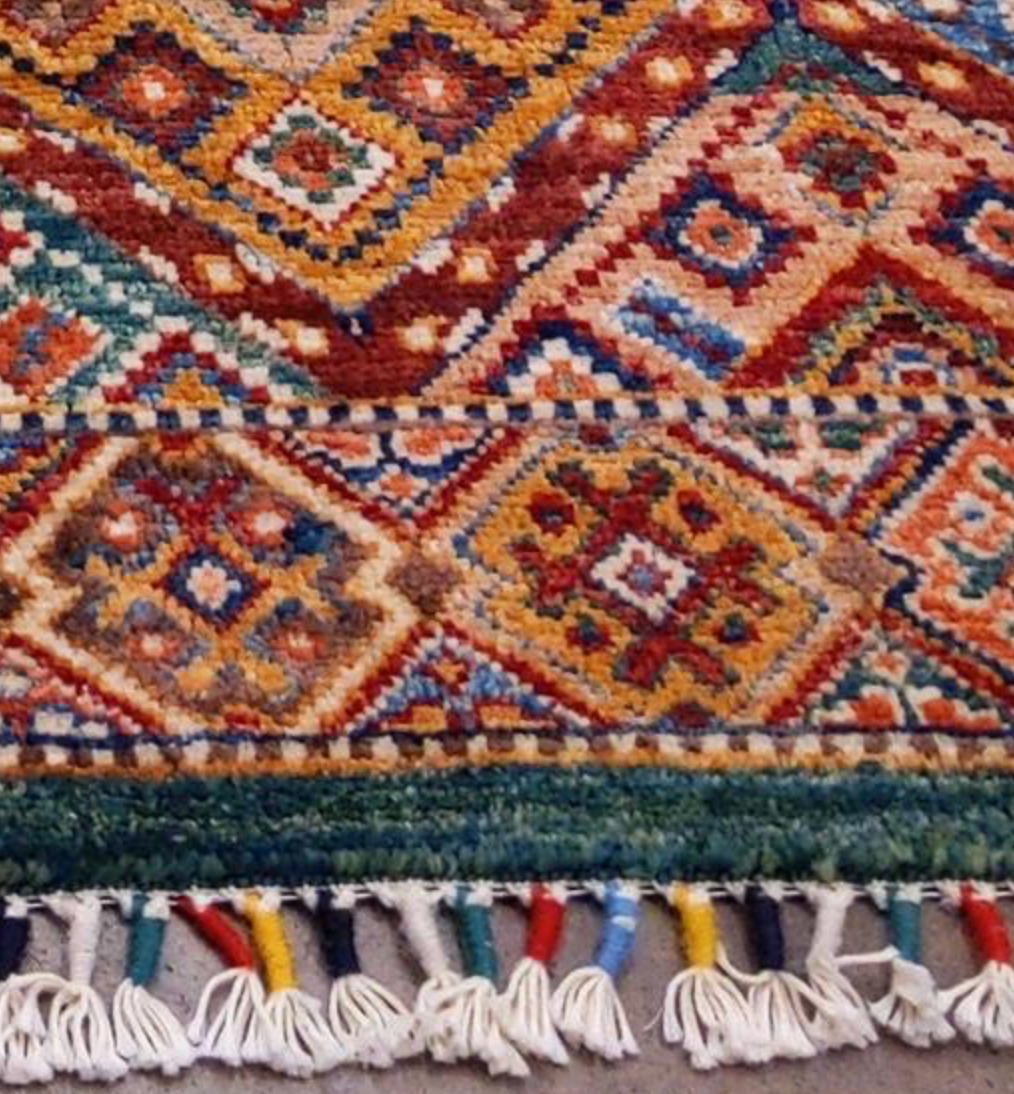 Nomad Collection - Khurjeen Design - 5' 09" x 8' 02" - Green Multicolor - Hand Knotted Wool Rustic Tribal Boho Rug