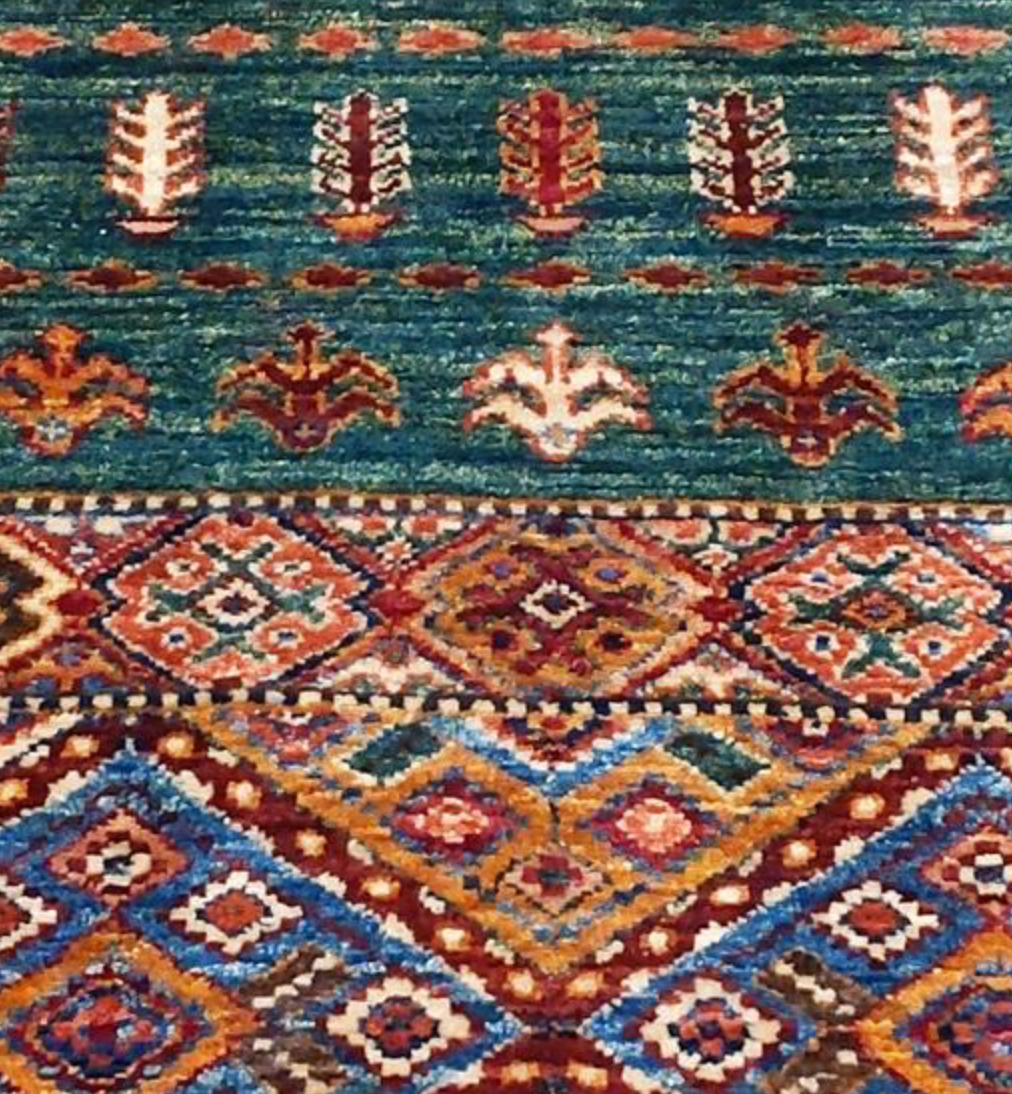 Nomad Collection - Khurjeen Design - 5' 09" x 8' 02" - Green Multicolor - Hand Knotted Wool Rustic Tribal Boho Rug