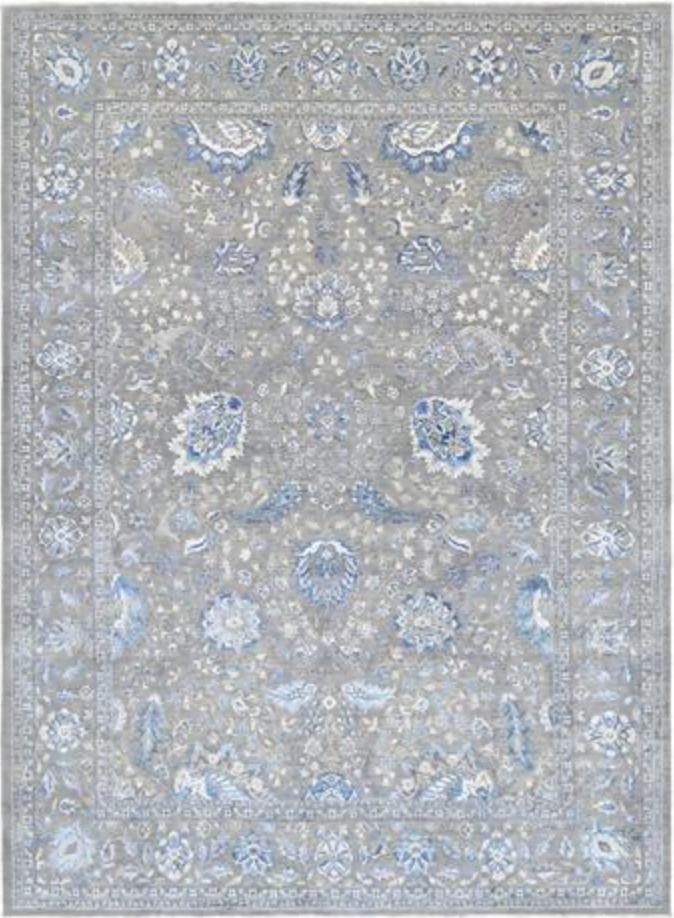 Ottoman Collection Wool & Silk - 9' 00" x 12' 02" - Grey Blue White - Hand Knotted Wool with Silk Traditional Classic Floral Rug
