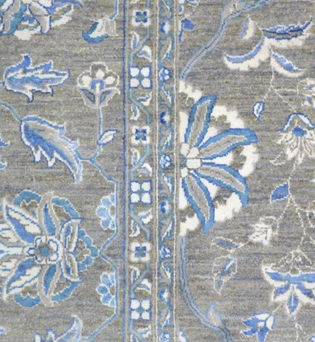 Ottoman Collection Wool & Silk - 9' 00" x 12' 02" - Grey Blue White - Hand Knotted Wool with Silk Traditional Classic Floral Rug