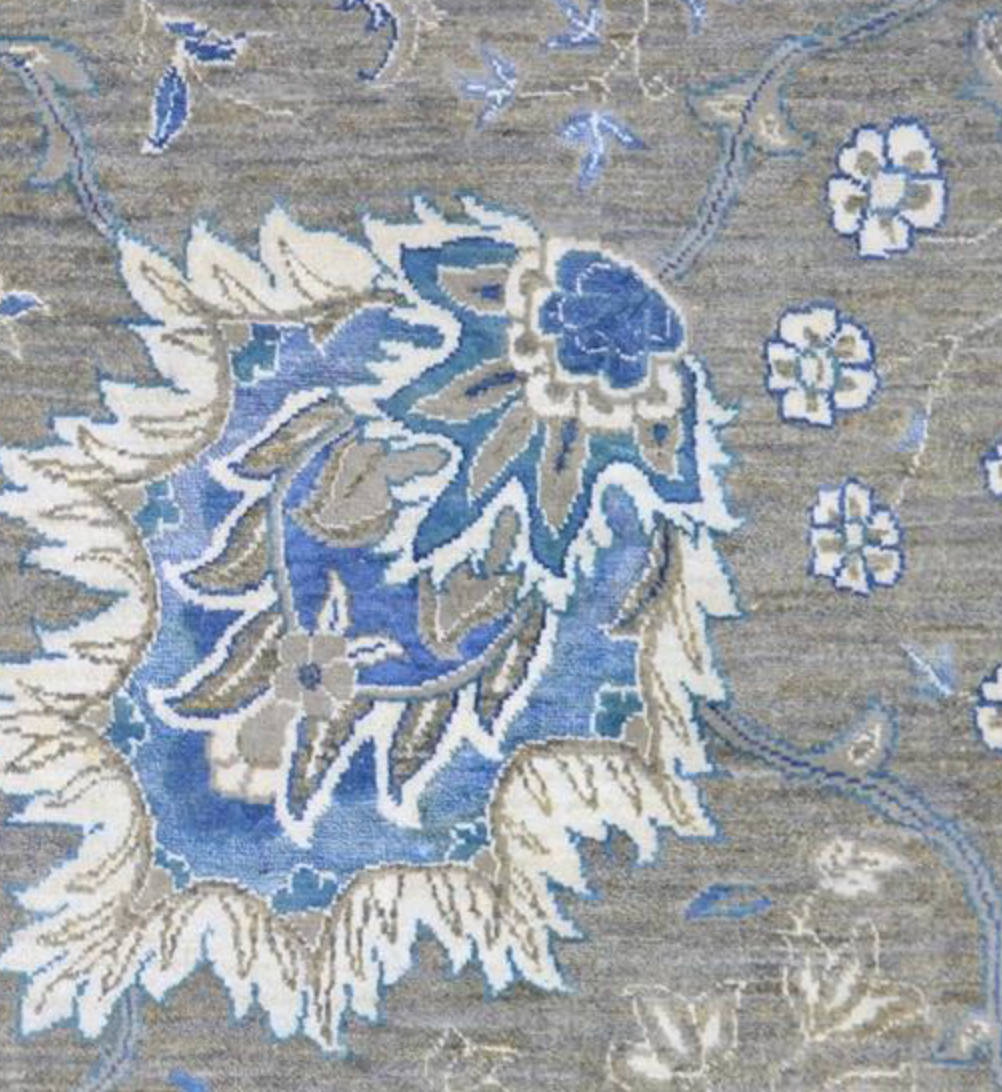 Ottoman Collection Wool & Silk - 9' 00" x 12' 02" - Grey Blue White - Hand Knotted Wool with Silk Traditional Classic Floral Rug