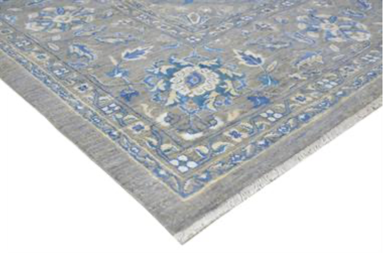 Ottoman Collection Wool & Silk - 9' 00" x 12' 02" - Grey Blue White - Hand Knotted Wool with Silk Traditional Classic Floral Rug