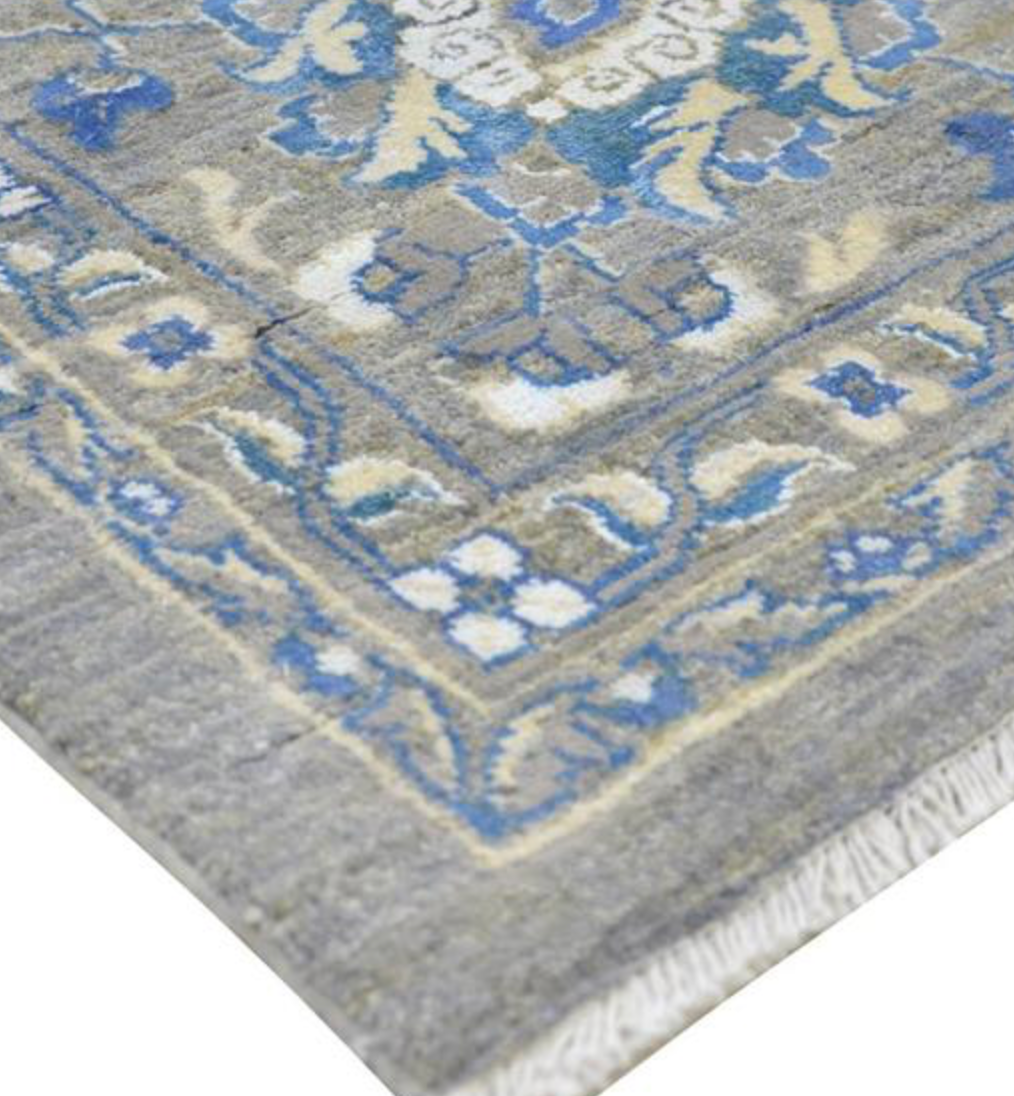Ottoman Collection Wool & Silk - 9' 00" x 12' 02" - Grey Blue White - Hand Knotted Wool with Silk Traditional Classic Floral Rug