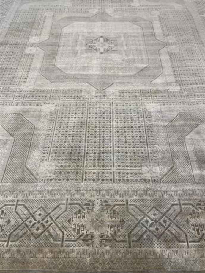 Ottoman Collection Wool & Silk - 8' 10" x 11' 07" - Grey Ivory - Hand Knotted Wool with Silk Traditional Classic Geometric Rug
