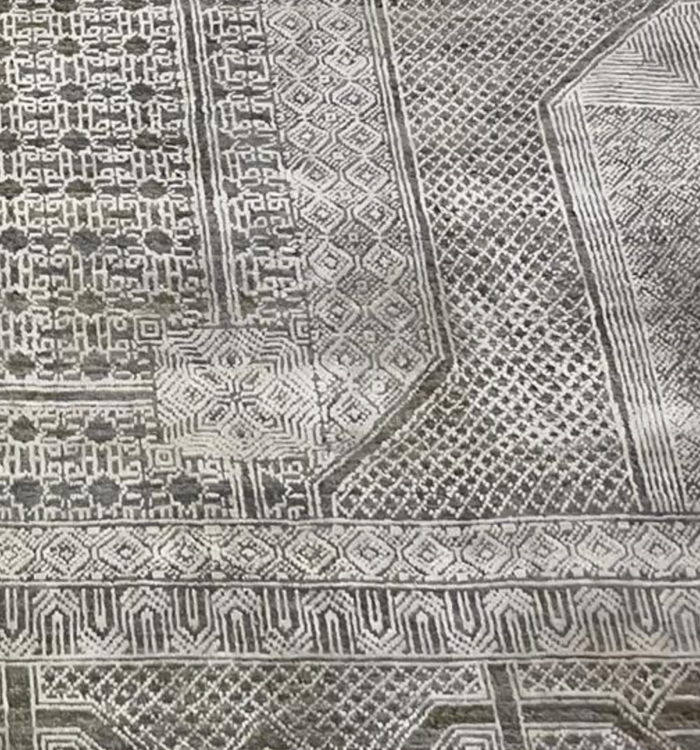 Ottoman Collection Wool & Silk - 8' 10" x 11' 07" - Grey Ivory - Hand Knotted Wool with Silk Traditional Classic Geometric Rug