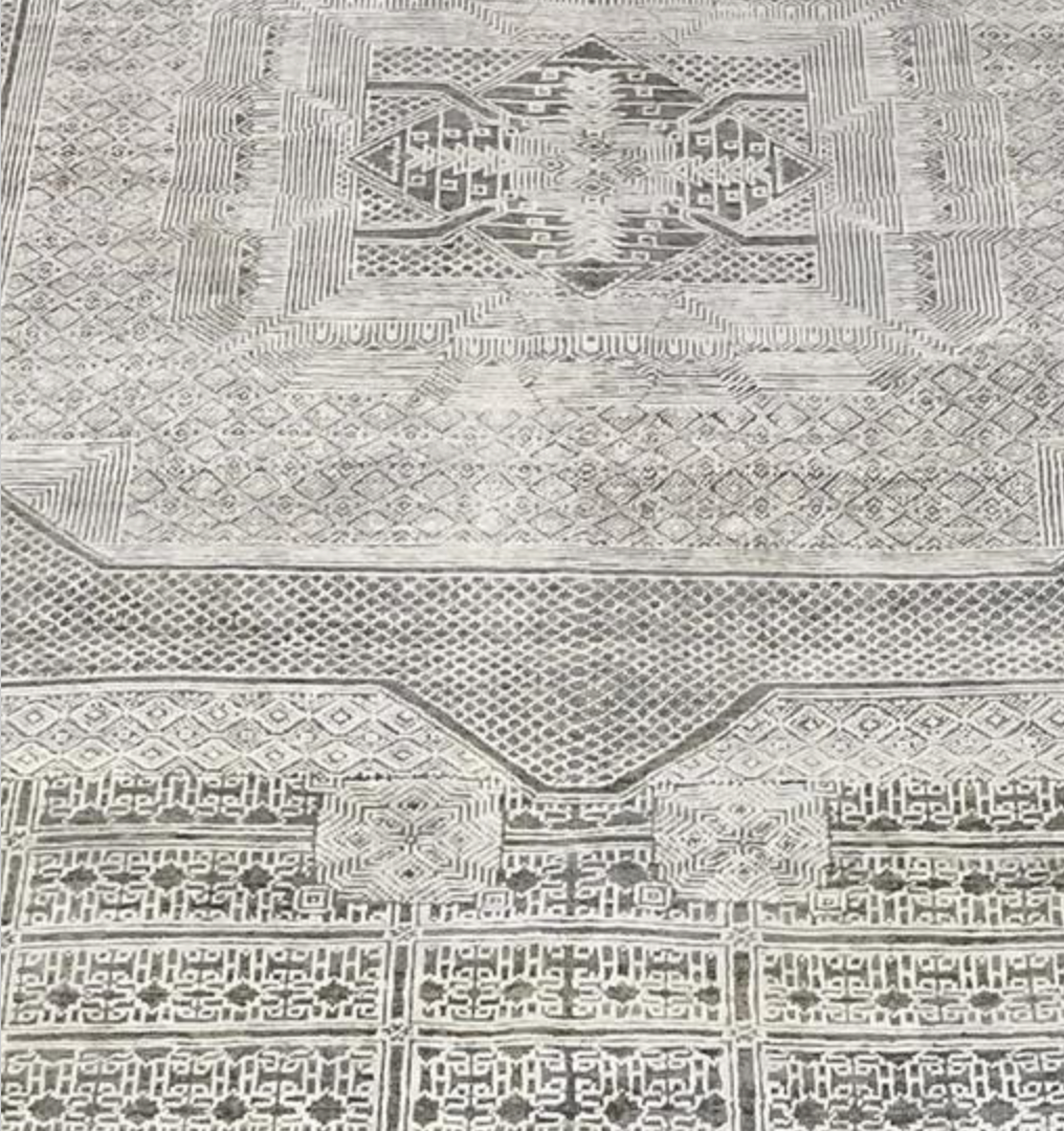 Ottoman Collection Wool & Silk - 8' 10" x 11' 07" - Grey Ivory - Hand Knotted Wool with Silk Traditional Classic Geometric Rug
