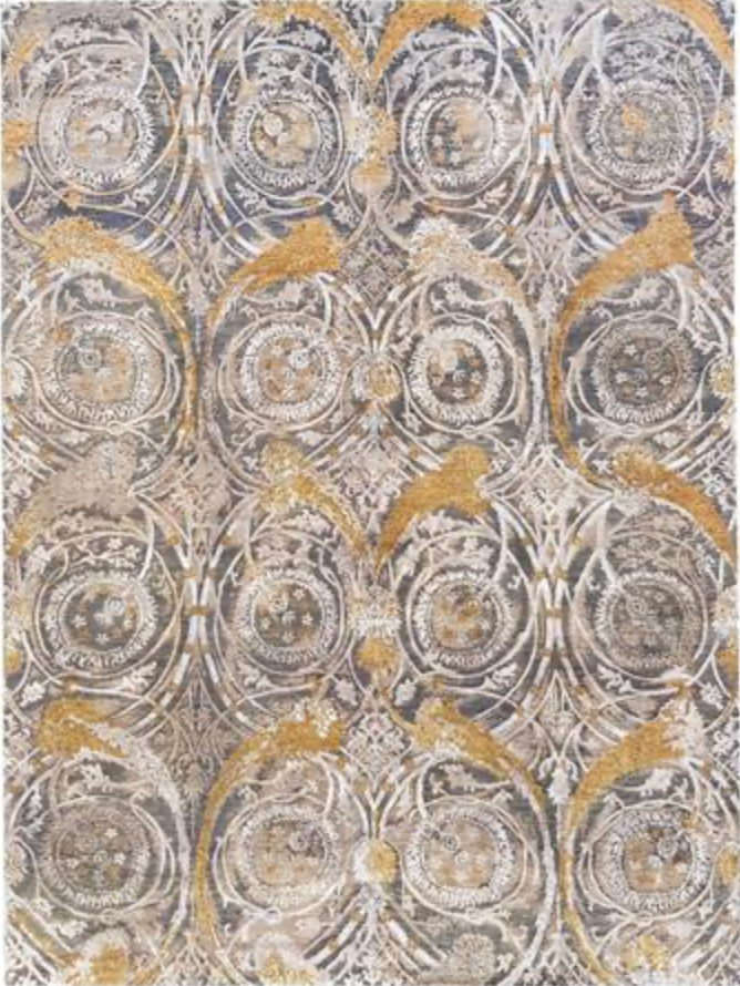 Ottoman Collection Wool & Silk - 9' 01" x 11' 11" - Grey Beige Gold - Hand Knotted Wool with Silk Traditional Classic Rug