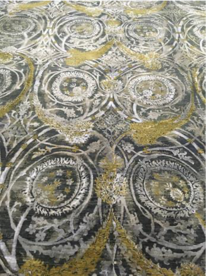 Ottoman Collection Wool & Silk - 9' 01" x 11' 11" - Grey Beige Gold - Hand Knotted Wool with Silk Traditional Classic Rug