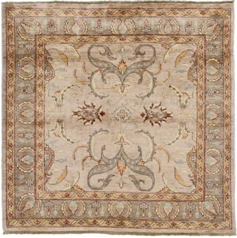 Peshawar Tabriz Design - 5' 03" x 5' 03" Square Rug - Light Grey, Light Brown & Beige - Hand Knotted Wool Classic Traditional Rug