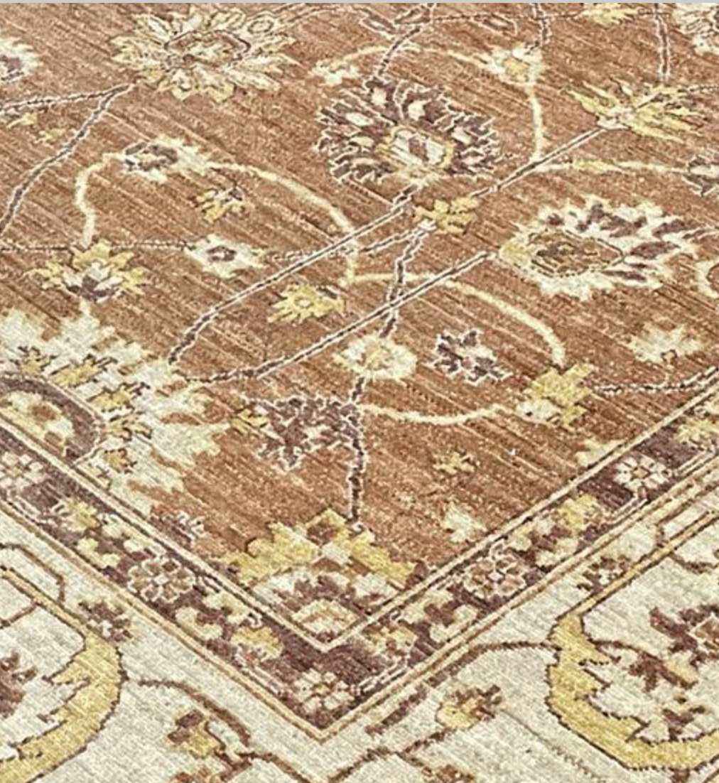 Peshawar Mahal Design - 8' 01" x 10' 00" - Brown, Camel & Grey - Hand Knotted Wool Classic Traditional Floral Rug