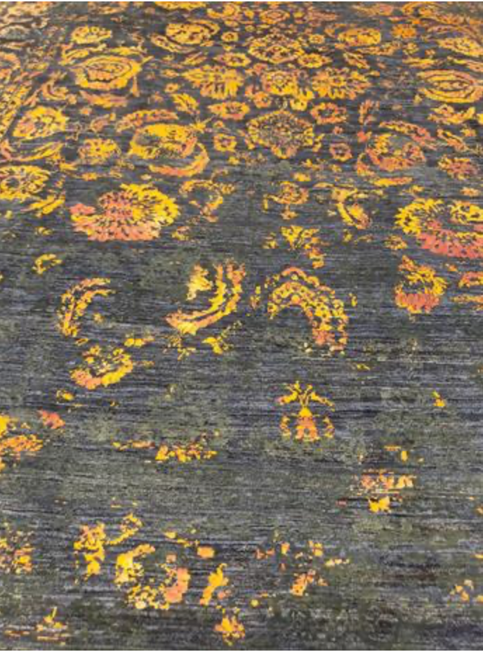 Oushak Floral Wool & Silk Rug - 9' 06" x 13' 10" - Black Grey Rust - Hand Knotted Wool & Silk Classic Traditional Oushak Rug