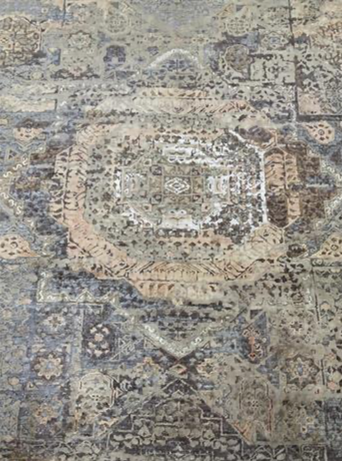 Pearl Collection Wool & Silk Rug - 10'x14' & 12'x15' - Grey Light Blue Brown Rust - Hand Knotted Wool & Silk Modern Contemporary Tribal Boho Rug
