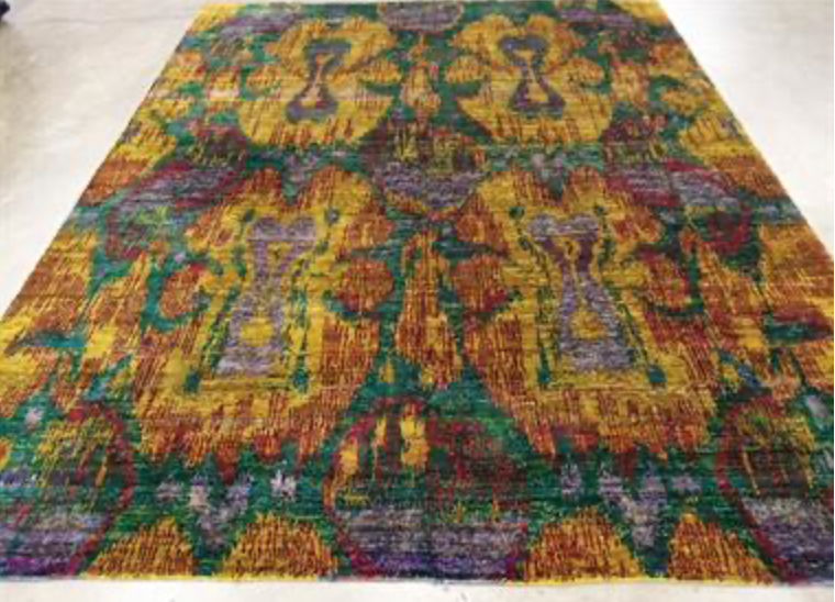 Sari Natural Silk Rug - 8' 00" x 10' 01" - Green Gold Red - Hand Knotted Silk Modern Contemporary Sari Rug