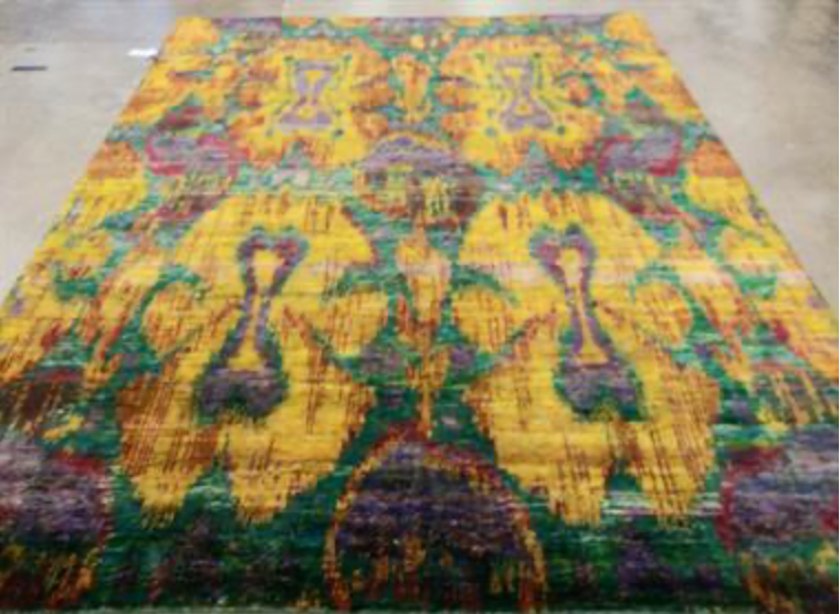 Sari Natural Silk Rug - 8' 00" x 10' 01" - Green Gold Red - Hand Knotted Silk Modern Contemporary Sari Rug