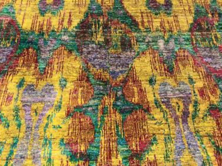 Sari Natural Silk Rug - 8' 00" x 10' 01" - Green Gold Red - Hand Knotted Silk Modern Contemporary Sari Rug