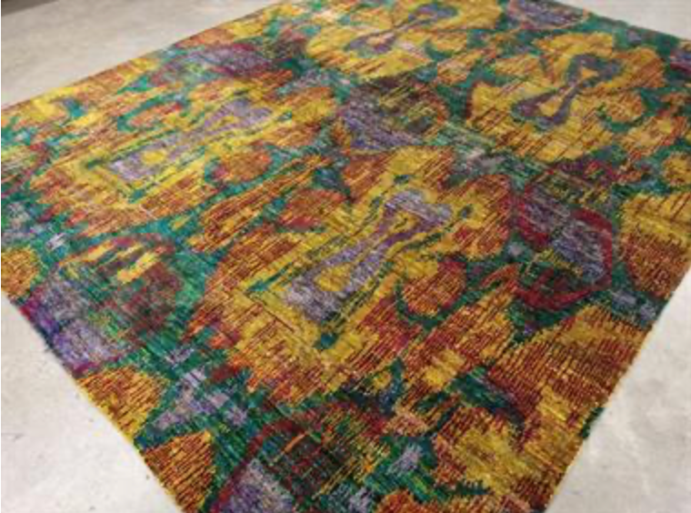 Sari Natural Silk Rug - 8' 00" x 10' 01" - Green Gold Red - Hand Knotted Silk Modern Contemporary Sari Rug