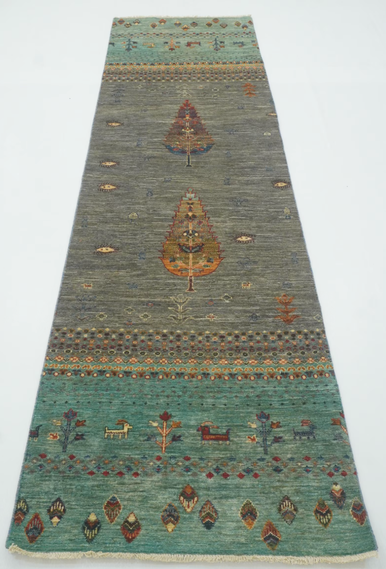 Fine Hand Knotted Gabbeh - 2' 07" x 9' 11" -  Blue & Grey - Tribal Rustic Boho Tree of Life Wool Runner