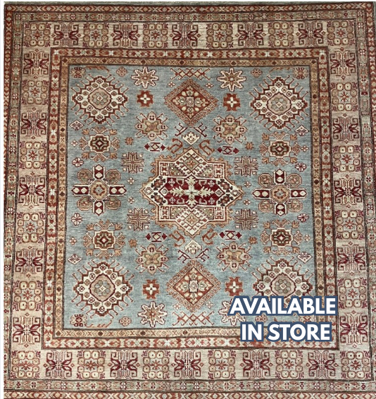 Kazak - 6' 01" x 6' 02" - Grey & Orange Square - Hand Knotted Wool Area Rug - Traditional