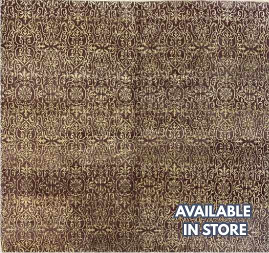 Tibetano Collection Wool - 7' 10" x 8' 03" - Plum & Gold - Wool Contemporary Modern Area Rug - Damask Tibet Nepal Rug