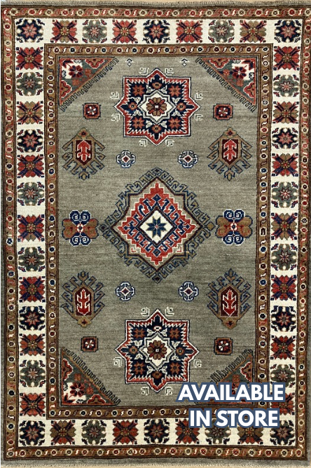 Fine Kazak - 4' 00" x 5' 09" - Grey Blue Red Ivory Brown - Hand Knotted Wool Traditional Classic Kazak Rug
