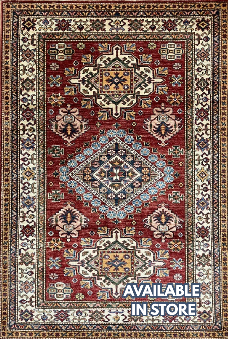 Super Kazak - 4' 00" x 5' 10" - Red Multicolor - Hand Knotted Wool Traditional Classic Super Kazak Rug