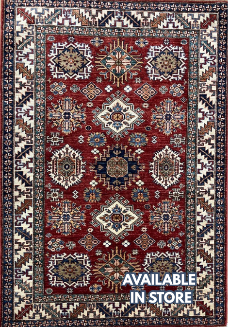 Super Kazak - 4' 00" x 5' 10" - Red Multicolor - Hand Knotted Wool Traditional Classic Super Kazak Rug